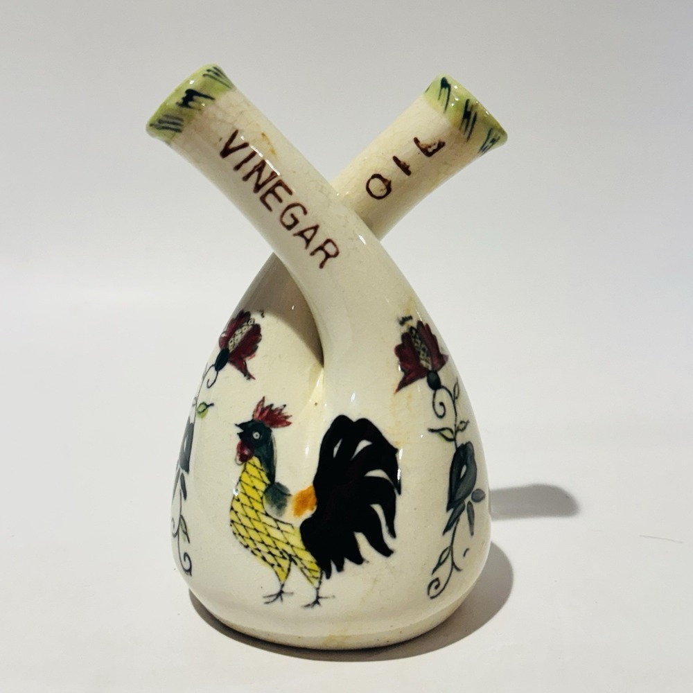 Vintage 60s Hand‎ Painted Tuscan Rooster Oil & Vinegar Double Neck Cruet Japan